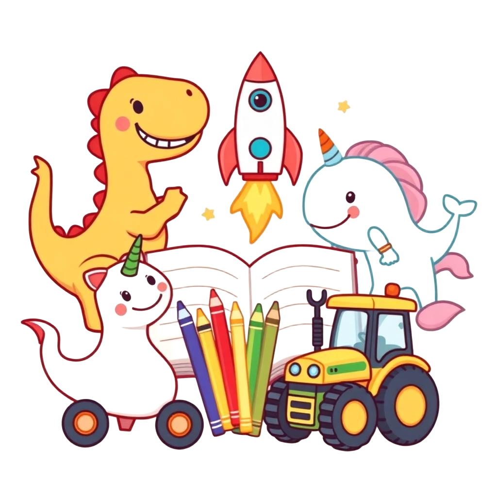 Kawaii dinosaur, rocket, whale, unicorn and tractor around an open activity book